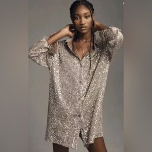 NWT Anthropologie’s Flat White Sequin Tunic/Mini in Taupe w/Silver Sequins, S